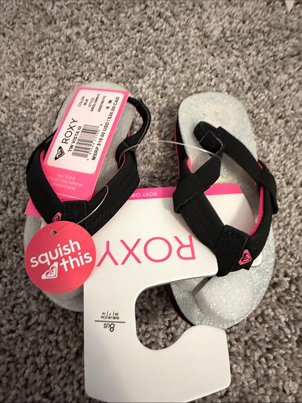 Roxy Kids Black and Hot Pink Glitter Flip-Flops